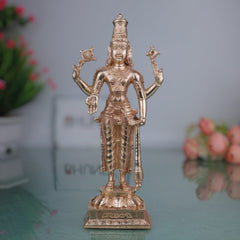 Bronze Vishnu Narayana Murti, Govinda Madhava Kesava Idol, Handcrafted Panchaloha Inspired Balaji Srinivasa Statue for Home Temple Decor, Gold, 8 Inch, 1 Piece