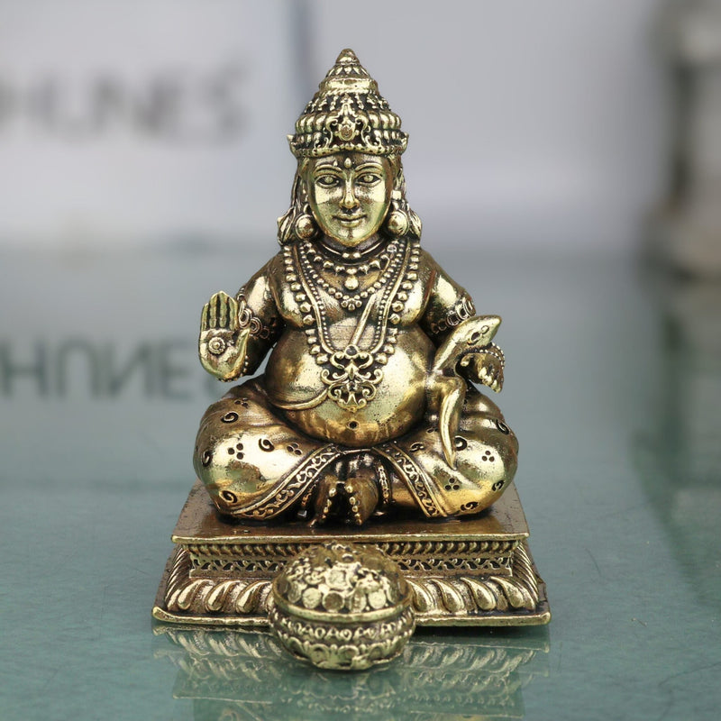 Brass Kubera Idol Dhanadhipati Kuvera Yaksharaja Vaishravana Wealth God Murti for Puja Decor Gifts, Gold, 3 Inch, 1 Piece