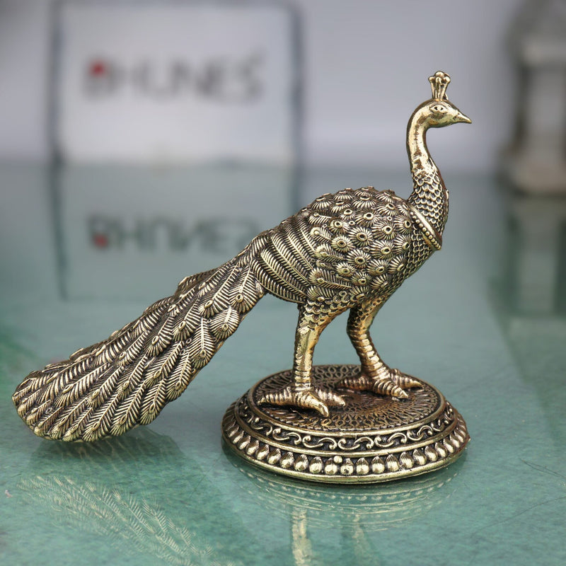 Divine Brass Peacock Idol, Mayura Mor Mayil Neelkanth, Handcrafted Traditional Puja & Home Decor Sculpture, Gold, 3.5 Inch, 1 Piece