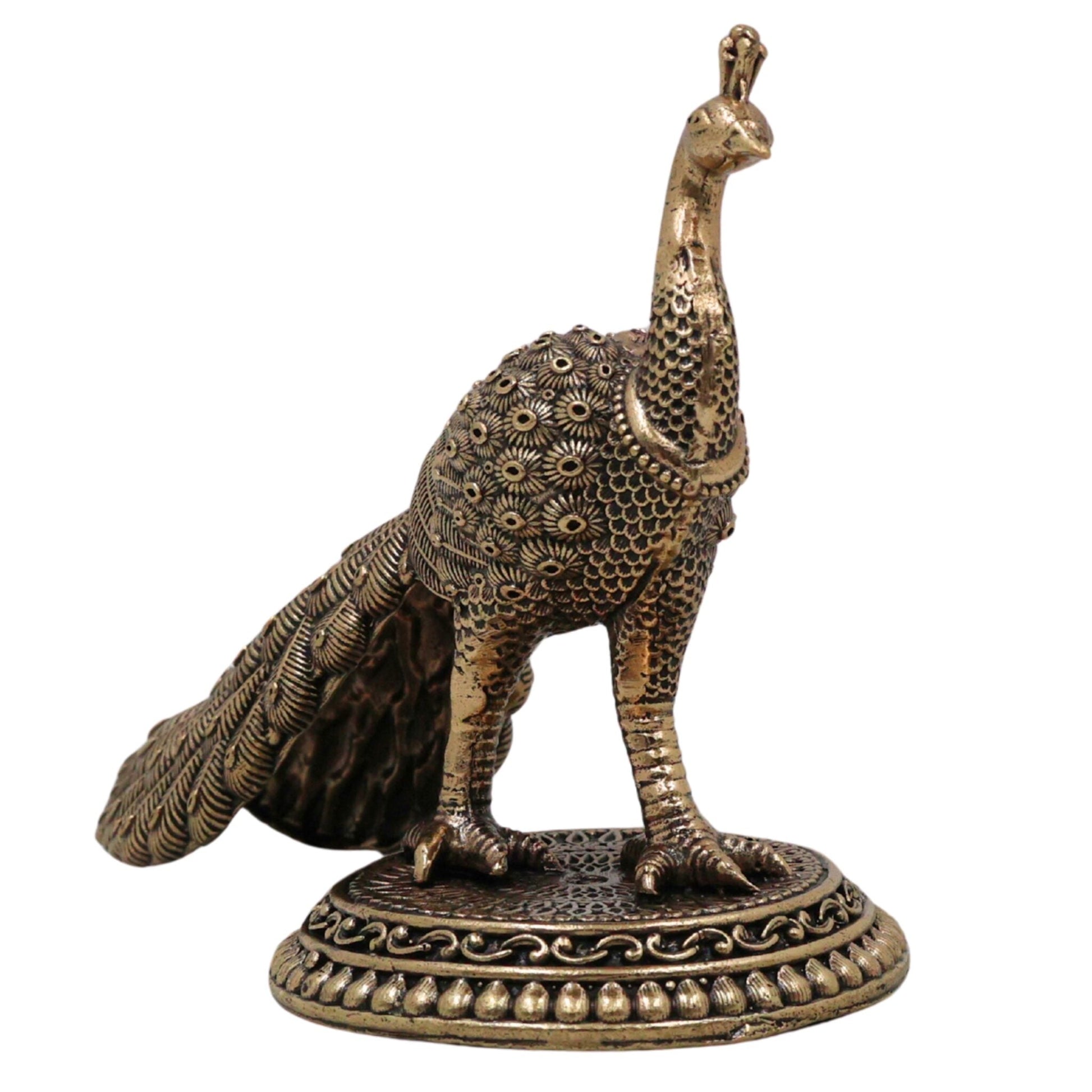Divine Brass Peacock Idol, Mayura Mor Mayil Neelkanth, Handcrafted Traditional Puja & Home Decor Sculpture, Gold, 3.5 Inch, 1 Piece