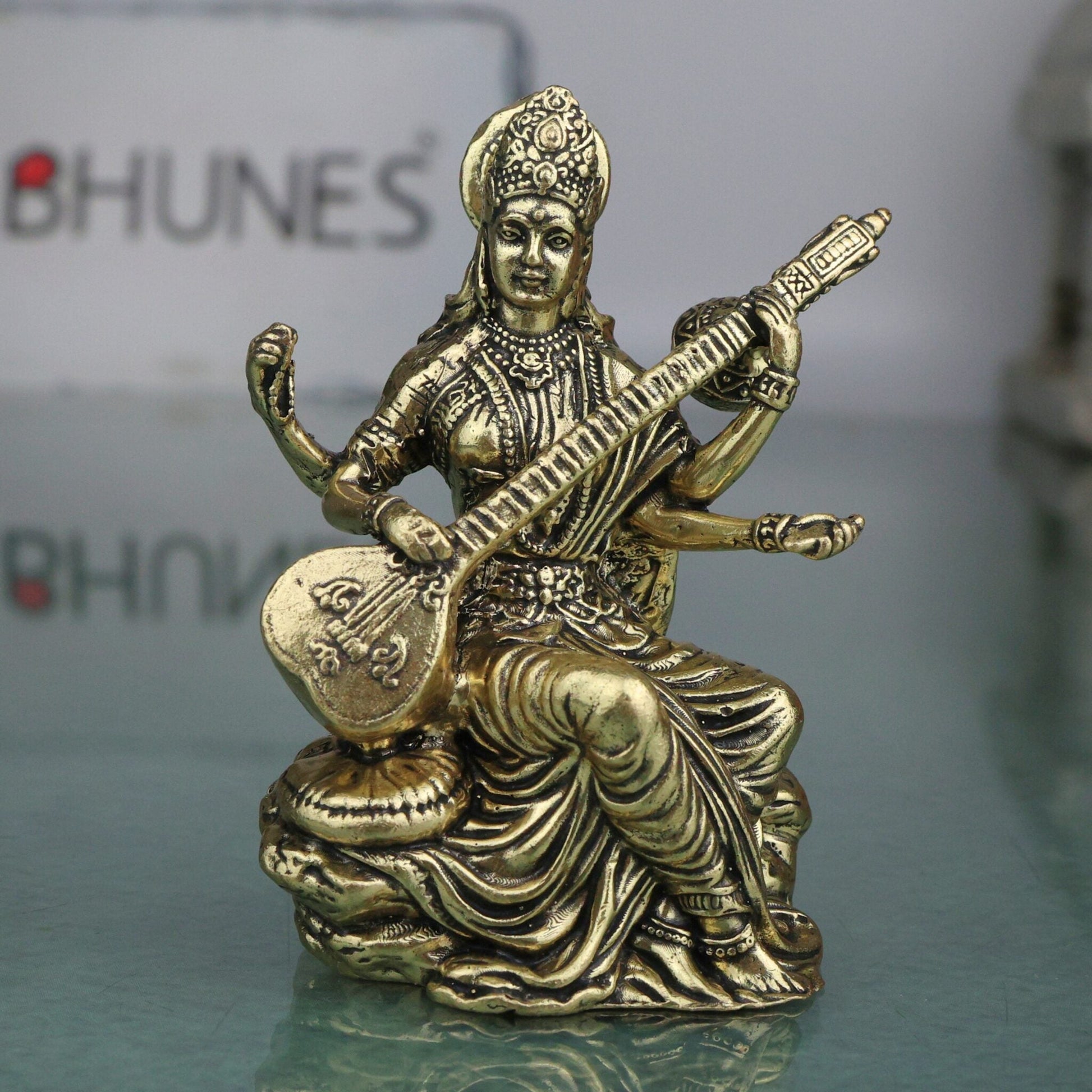 Divine Brass Saraswati Saraswathi Sharada Vani Bharati Idol, Veena Vadini Hamsavahini Goddess of Knowledge Murti for Puja Decor Gifts, Gold, 3 Inch, 1 Piece