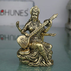 Divine Brass Saraswati Saraswathi Sharada Vani Bharati Idol, Veena Vadini Hamsavahini Goddess of Knowledge Murti for Puja Decor Gifts, Gold, 3 Inch, 1 Piece