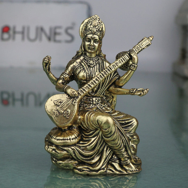 Divine Brass Saraswati Saraswathi Sharada Vani Bharati Idol, Veena Vadini Hamsavahini Goddess of Knowledge Murti for Puja Decor Gifts, Gold, 3 Inch, 1 Piece
