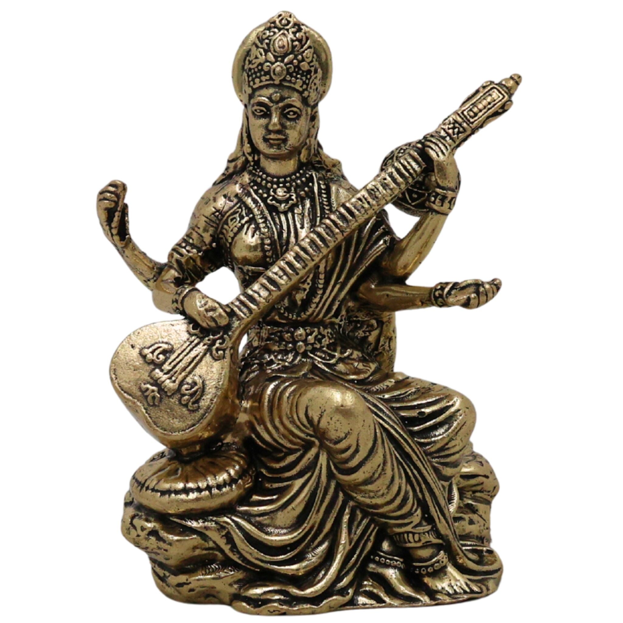 Divine Brass Saraswati Saraswathi Sharada Vani Bharati Idol, Veena Vadini Hamsavahini Goddess of Knowledge Murti for Puja Decor Gifts, Gold, 3 Inch, 1 Piece