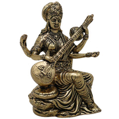 Divine Brass Saraswati Saraswathi Sharada Vani Bharati Idol, Veena Vadini Hamsavahini Goddess of Knowledge Murti for Puja Decor Gifts, Gold, 3 Inch, 1 Piece