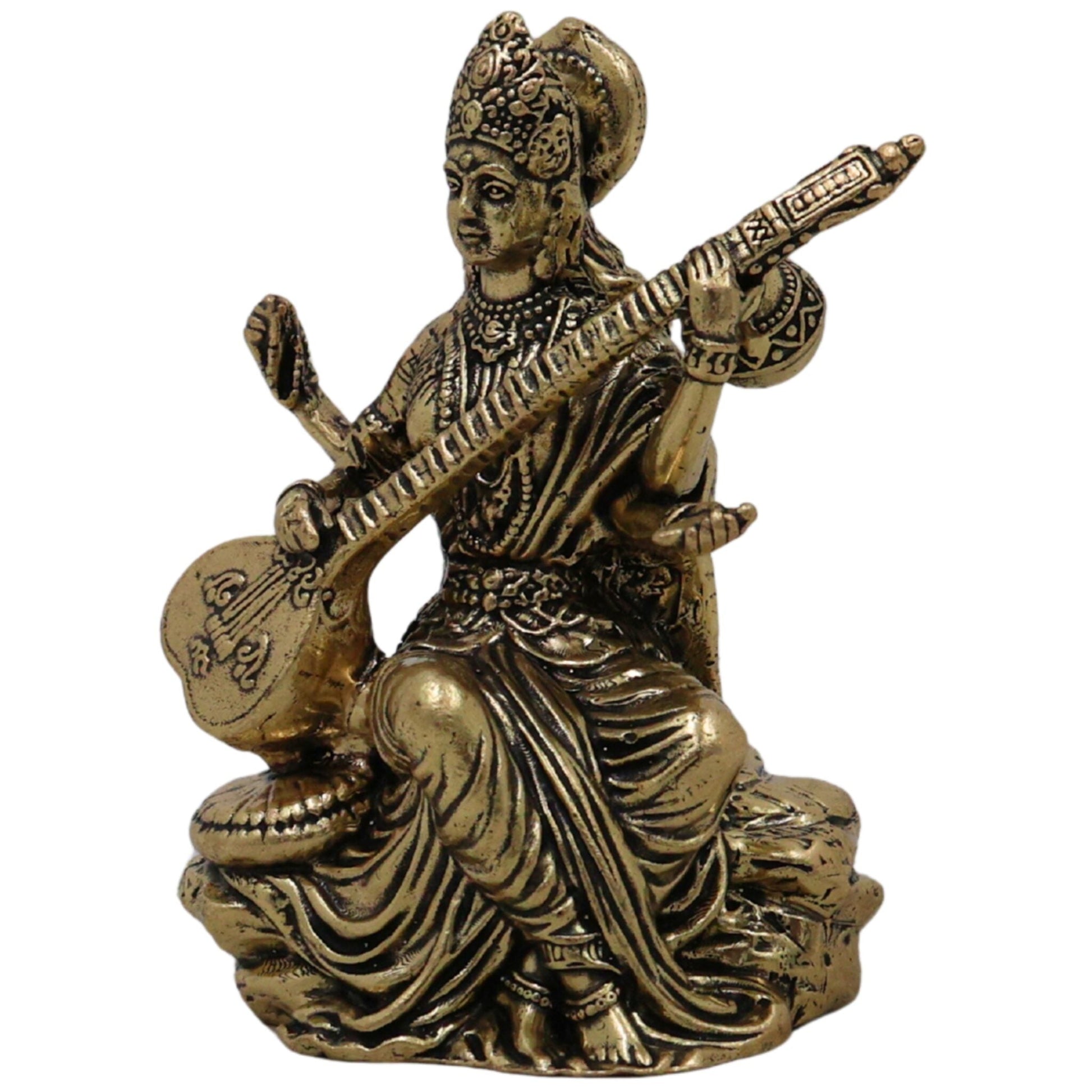 Divine Brass Saraswati Saraswathi Sharada Vani Bharati Idol, Veena Vadini Hamsavahini Goddess of Knowledge Murti for Puja Decor Gifts, Gold, 3 Inch, 1 Piece