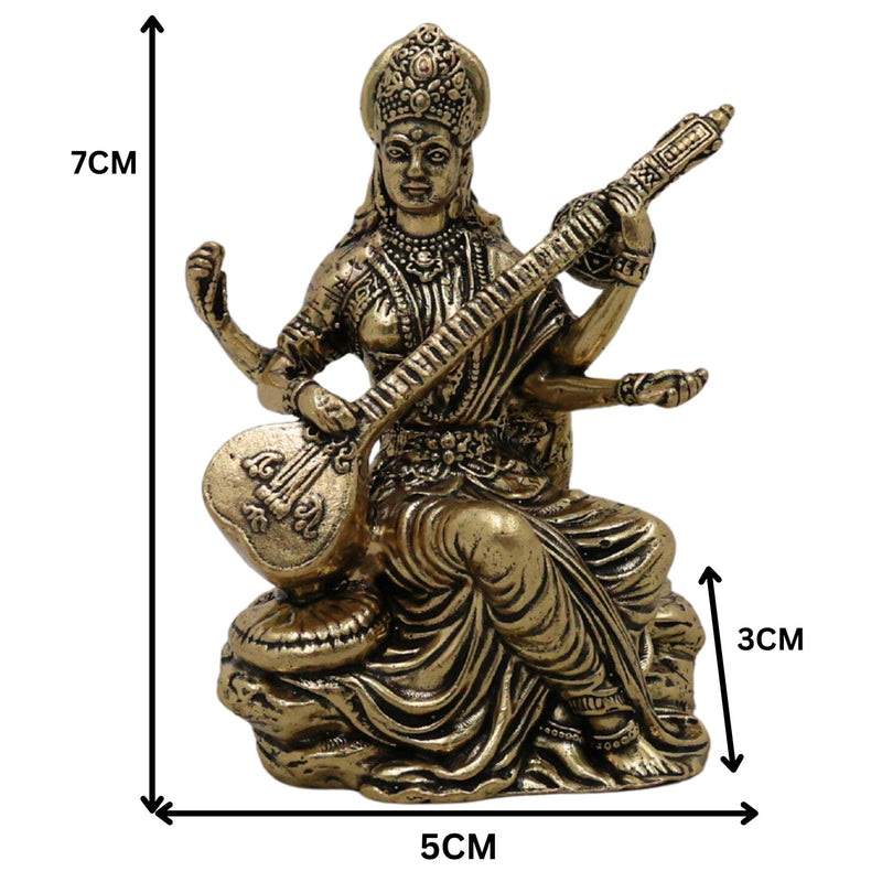 Divine Brass Saraswati Saraswathi Sharada Vani Bharati Idol, Veena Vadini Hamsavahini Goddess of Knowledge Murti for Puja Decor Gifts, Gold, 3 Inch, 1 Piece