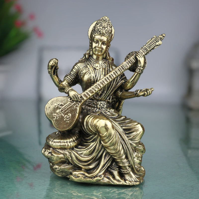 Divine Brass Saraswati Idol (Saraswathi, Sharada, Vani, Bharati) Veena Vadini Murti for Home Puja & Decor, Gold, 4.5 Inch, 1 Piece
