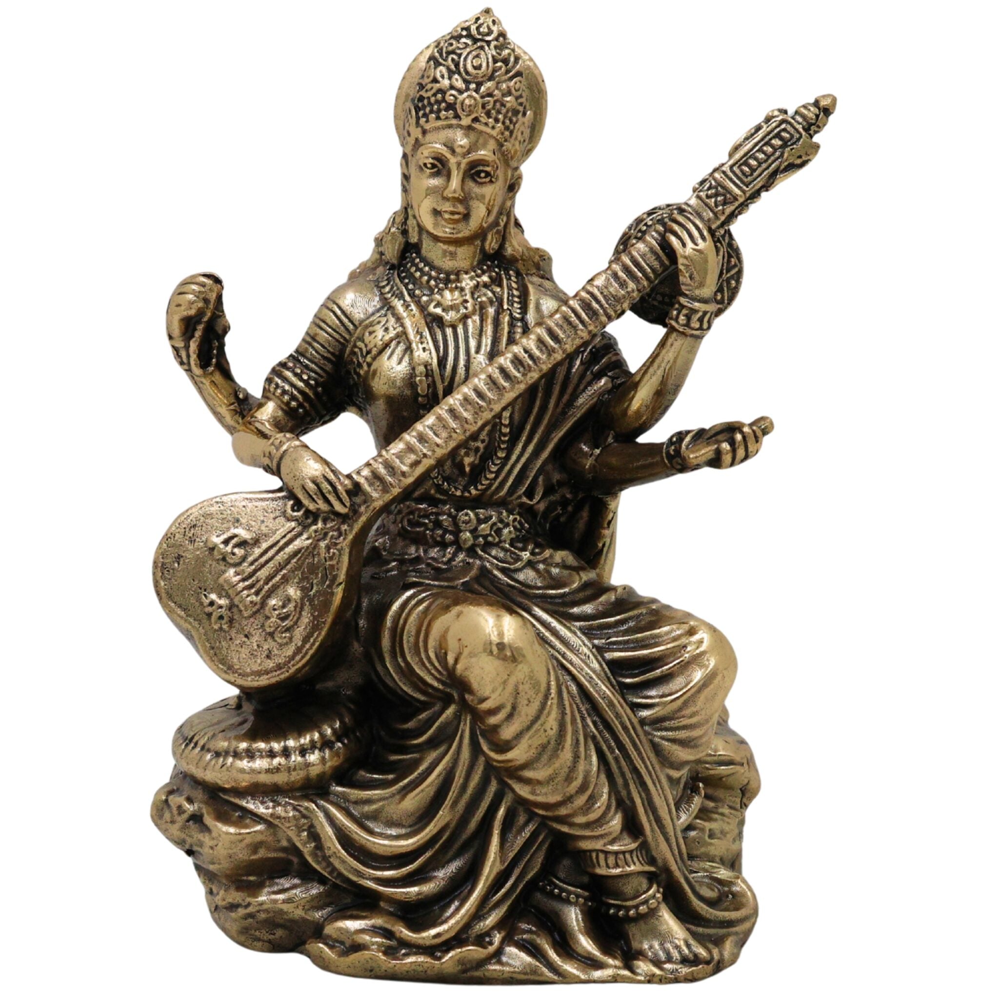 Divine Brass Saraswati Idol (Saraswathi, Sharada, Vani, Bharati) Veena Vadini Murti for Home Puja & Decor, Gold, 4.5 Inch, 1 Piece