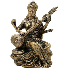 Divine Brass Saraswati Idol (Saraswathi, Sharada, Vani, Bharati) Veena Vadini Murti for Home Puja & Decor, Gold, 4.5 Inch, 1 Piece