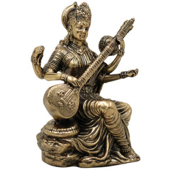 Divine Brass Saraswati Idol (Saraswathi, Sharada, Vani, Bharati) Veena Vadini Murti for Home Puja & Decor, Gold, 4.5 Inch, 1 Piece
