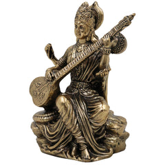 Divine Brass Saraswati Idol (Saraswathi, Sharada, Vani, Bharati) Veena Vadini Murti for Home Puja & Decor, Gold, 4.5 Inch, 1 Piece