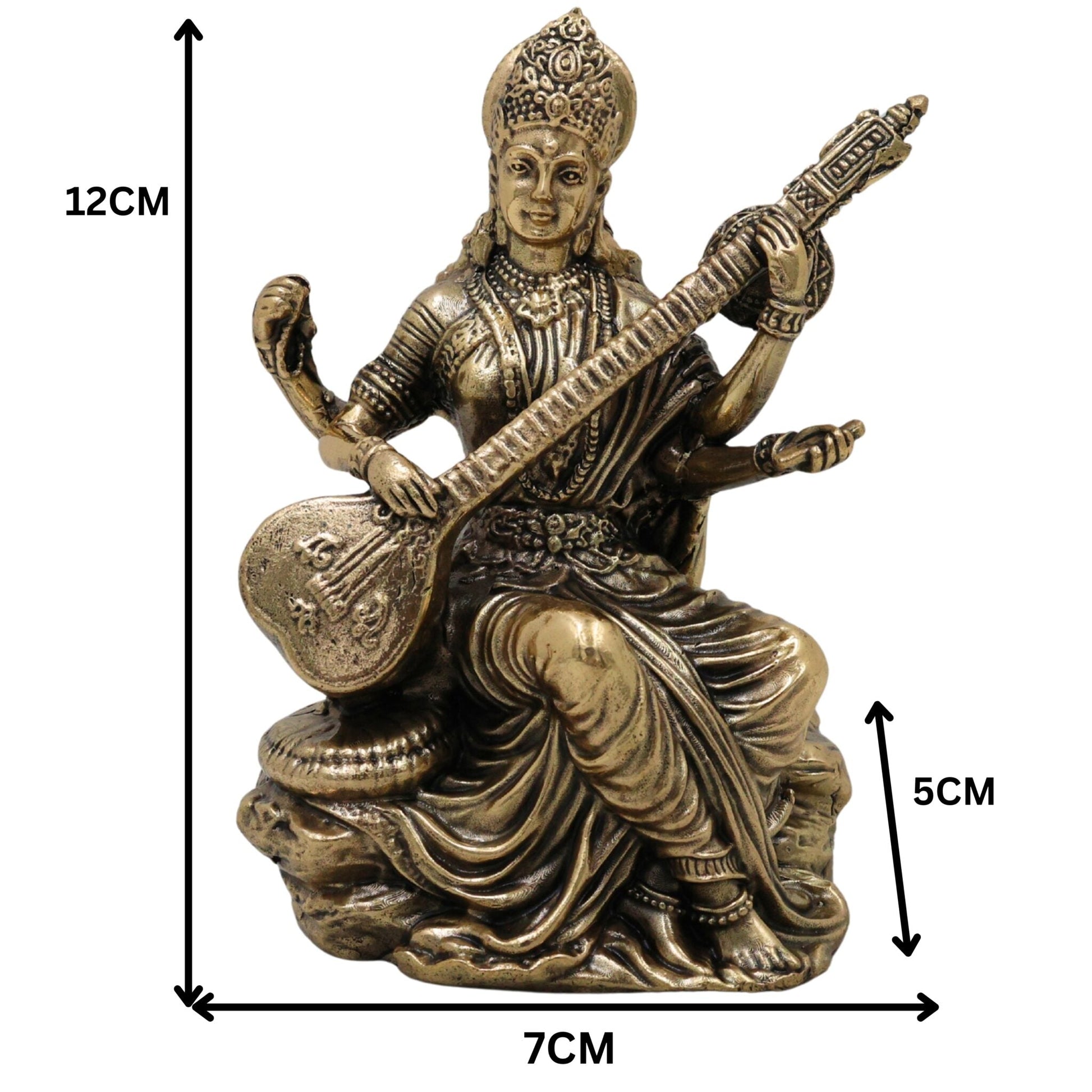 Divine Brass Saraswati Idol (Saraswathi, Sharada, Vani, Bharati) Veena Vadini Murti for Home Puja & Decor, Gold, 4.5 Inch, 1 Piece