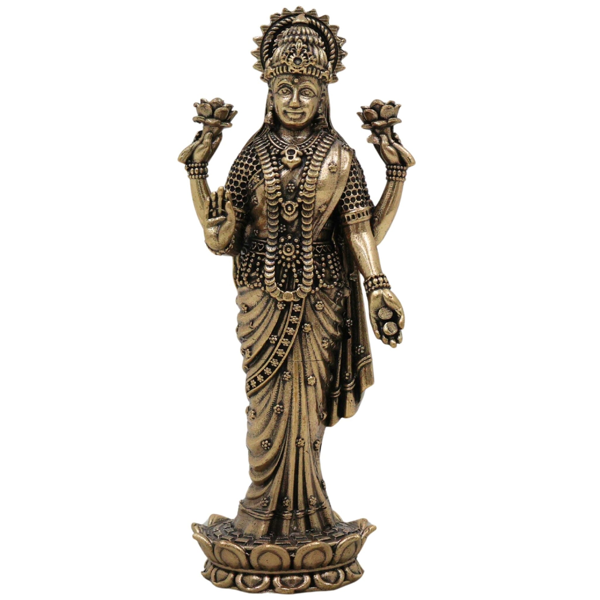 Divine Brass Lakshmi Idol, Mahalakshmi Murti, Sri Devi Vigraha, Padmavati Kamala Moorthi for Home Puja & Prosperity Decor, Gold, 4.5 Inch, 1 Piece