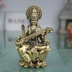 Brass Saraswati Idol Murti | Maa Saraswati Sharada Vani Vagdevi Vidya Devi Veena Pani Statue for Puja Home Decor, Gold, 4 Inch, 1 Piece