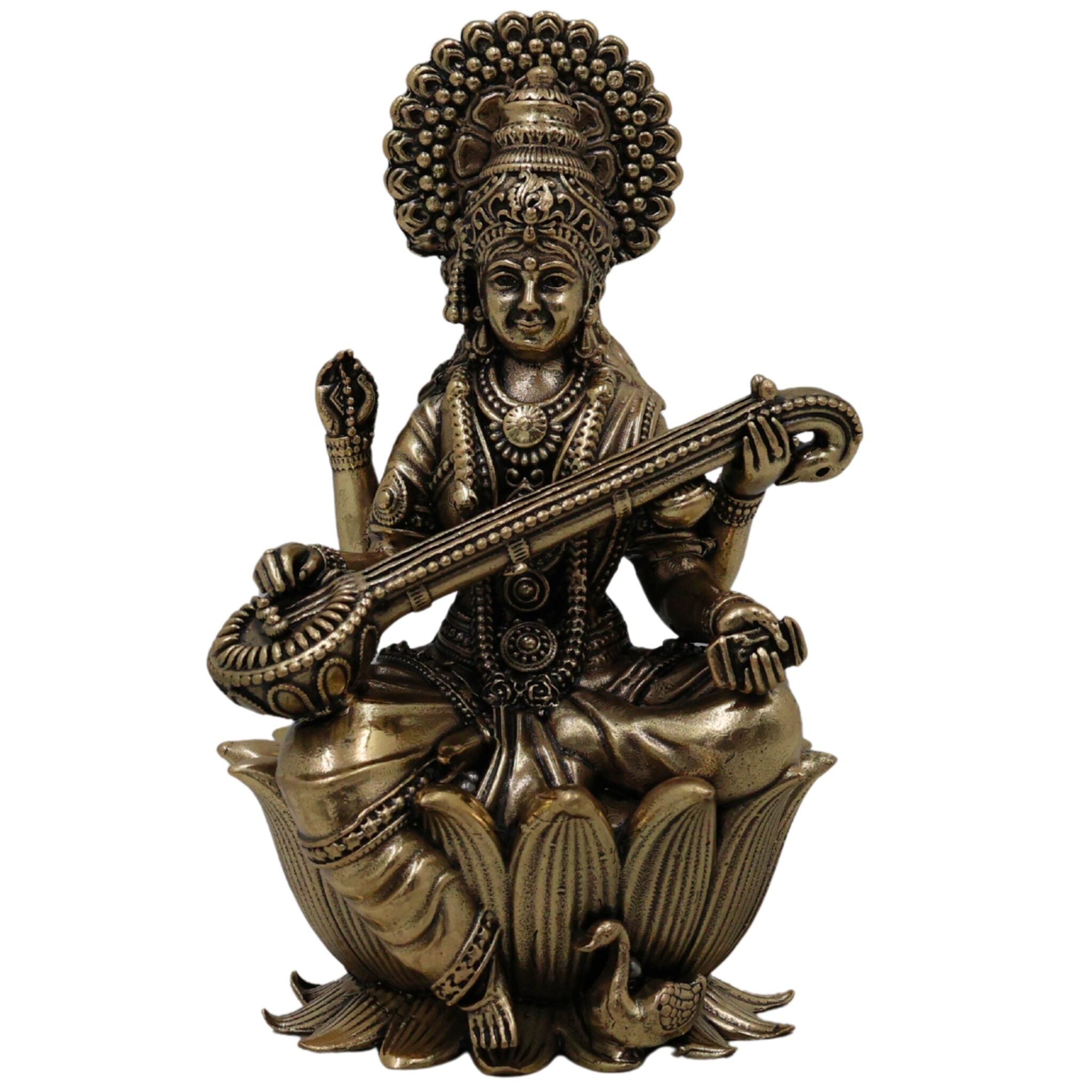 Brass Saraswati Idol Murti | Maa Saraswati Sharada Vani Vagdevi Vidya Devi Veena Pani Statue for Puja Home Decor, Gold, 4 Inch, 1 Piece
