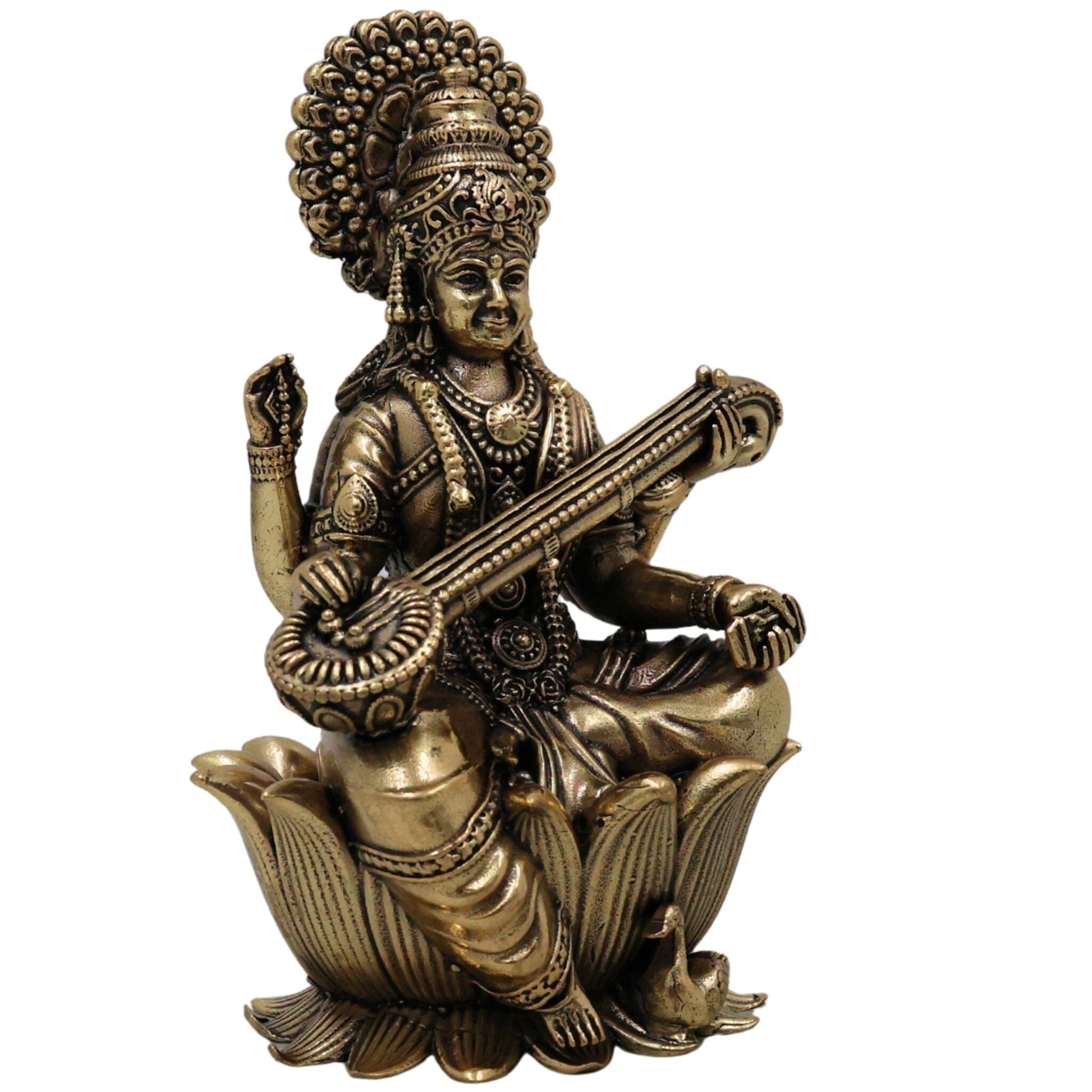 Brass Saraswati Idol Murti | Maa Saraswati Sharada Vani Vagdevi Vidya Devi Veena Pani Statue for Puja Home Decor, Gold, 4 Inch, 1 Piece