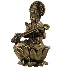 Brass Saraswati Idol Murti | Maa Saraswati Sharada Vani Vagdevi Vidya Devi Veena Pani Statue for Puja Home Decor, Gold, 4 Inch, 1 Piece