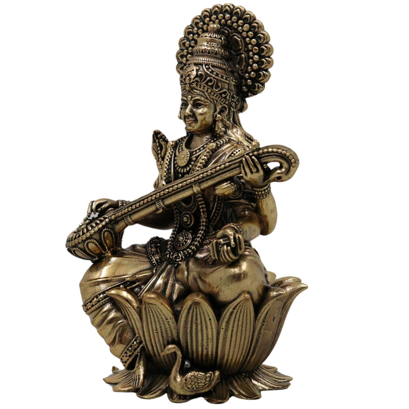 Brass Saraswati Idol Murti | Maa Saraswati Sharada Vani Vagdevi Vidya Devi Veena Pani Statue for Puja Home Decor, Gold, 4 Inch, 1 Piece