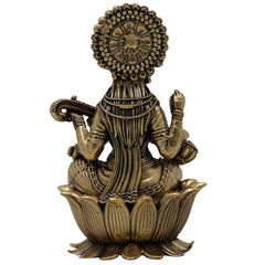 Brass Saraswati Idol Murti | Maa Saraswati Sharada Vani Vagdevi Vidya Devi Veena Pani Statue for Puja Home Decor, Gold, 4 Inch, 1 Piece