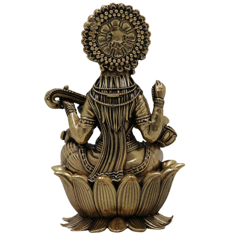 Brass Saraswati Idol Murti | Maa Saraswati Sharada Vani Vagdevi Vidya Devi Veena Pani Statue for Puja Home Decor, Gold, 4 Inch, 1 Piece