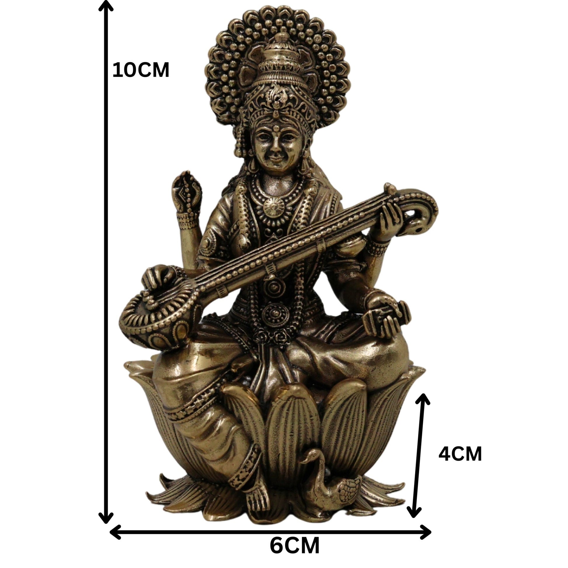 Brass Saraswati Idol Murti | Maa Saraswati Sharada Vani Vagdevi Vidya Devi Veena Pani Statue for Puja Home Decor, Gold, 4 Inch, 1 Piece