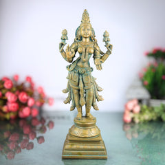 Handcrafted Bronze Mahalakshmi Idol, Sridevi Padmavati Kamala Narayani Devi Murti for Home Temple Worship, Brown, 15.5 Inch, 1 Piece