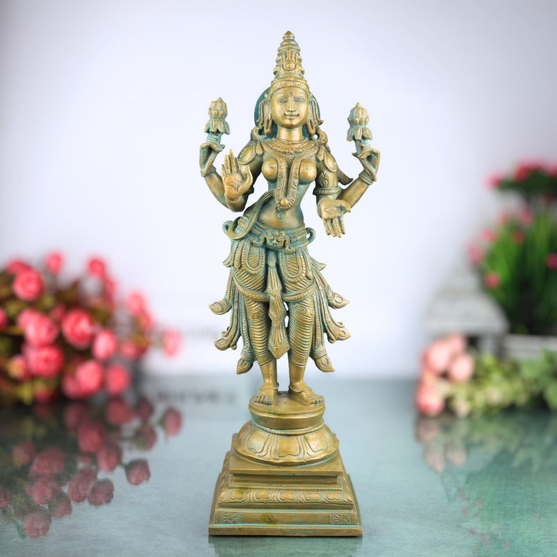 Handcrafted Bronze Mahalakshmi Idol, Sridevi Padmavati Kamala Narayani Devi Murti for Home Temple Worship, Brown, 15.5 Inch, 1 Piece