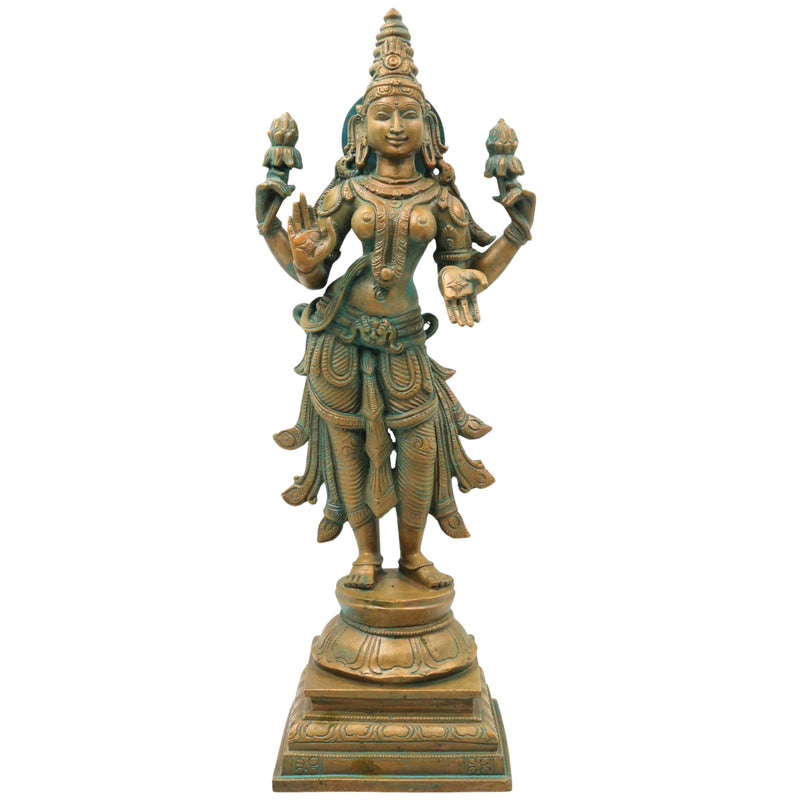 Handcrafted Bronze Mahalakshmi Idol, Sridevi Padmavati Kamala Narayani Devi Murti for Home Temple Worship, Brown, 15.5 Inch, 1 Piece