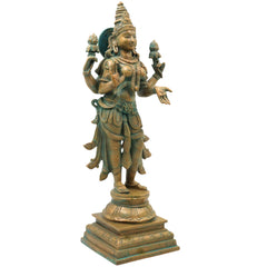 Handcrafted Bronze Mahalakshmi Idol, Sridevi Padmavati Kamala Narayani Devi Murti for Home Temple Worship, Brown, 15.5 Inch, 1 Piece
