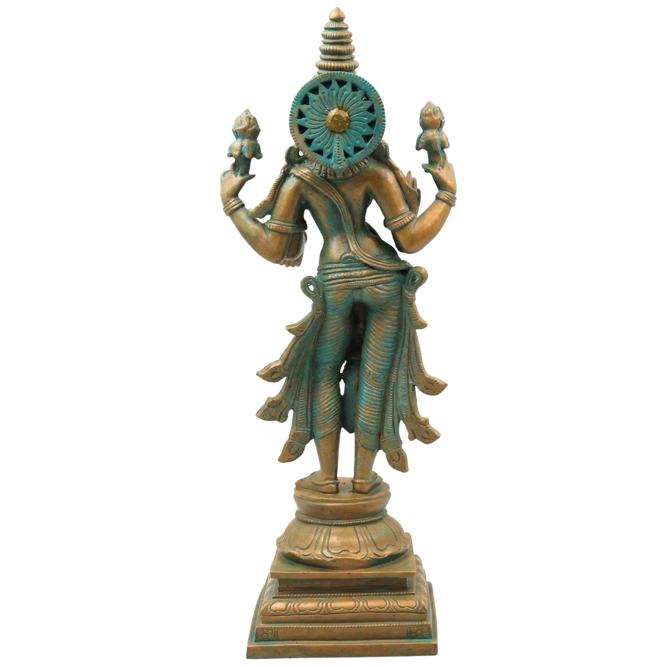 Handcrafted Bronze Mahalakshmi Idol, Sridevi Padmavati Kamala Narayani Devi Murti for Home Temple Worship, Brown, 15.5 Inch, 1 Piece