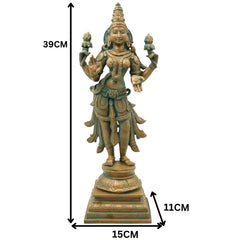 Handcrafted Bronze Mahalakshmi Idol, Sridevi Padmavati Kamala Narayani Devi Murti for Home Temple Worship, Brown, 15.5 Inch, 1 Piece