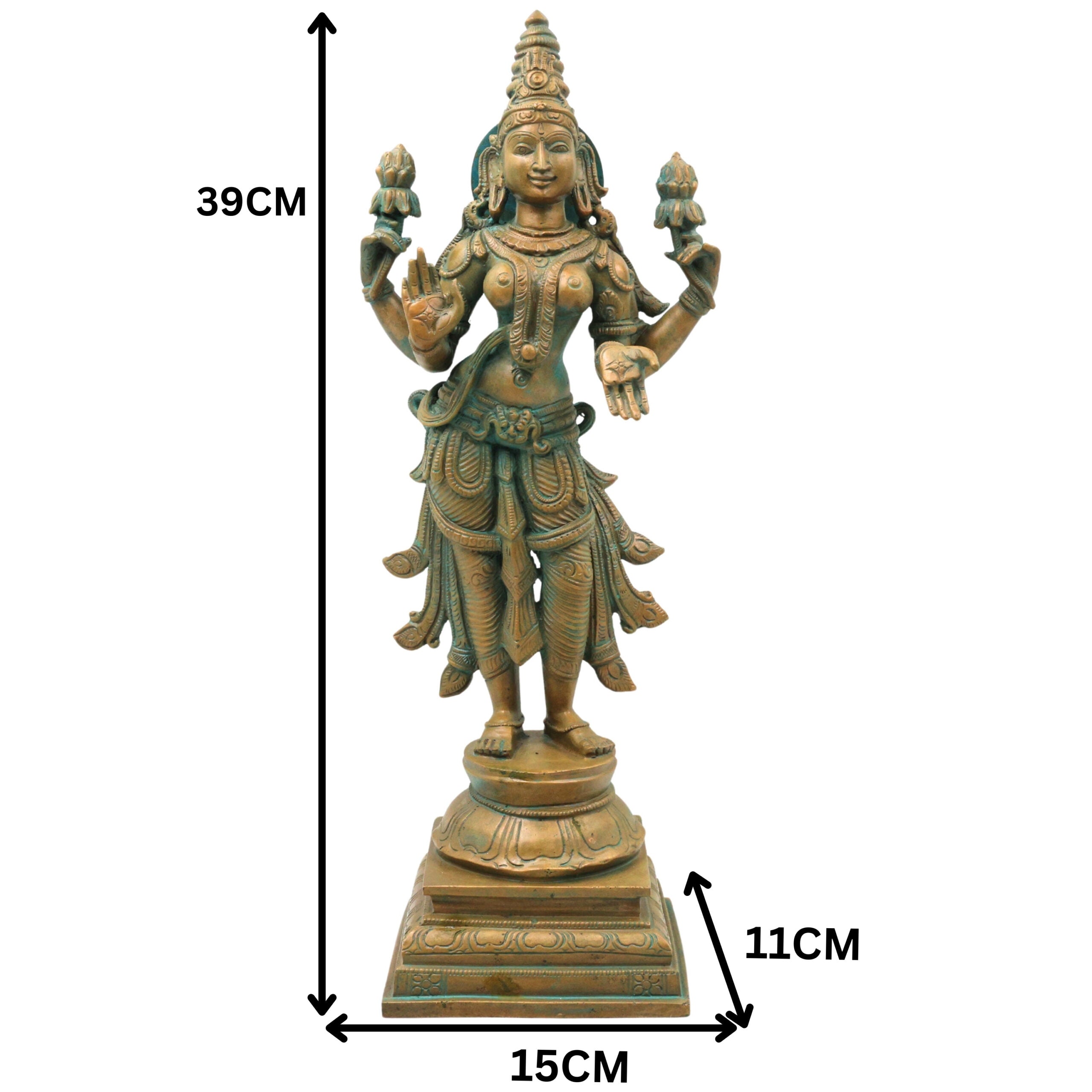 Handcrafted Bronze Mahalakshmi Idol, Sridevi Padmavati Kamala Narayani Devi Murti for Home Temple Worship, Brown, 15.5 Inch, 1 Piece