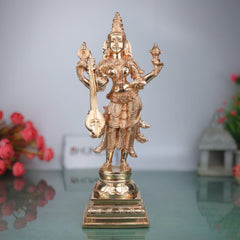 Handcrafted Bronze Saraswati Sharada Vagdevi Idol, Veena Vadini Vidya Devi Chola Art Sculpture for Home Temple Pooja, Gold, 15 Inch, 1 Piece