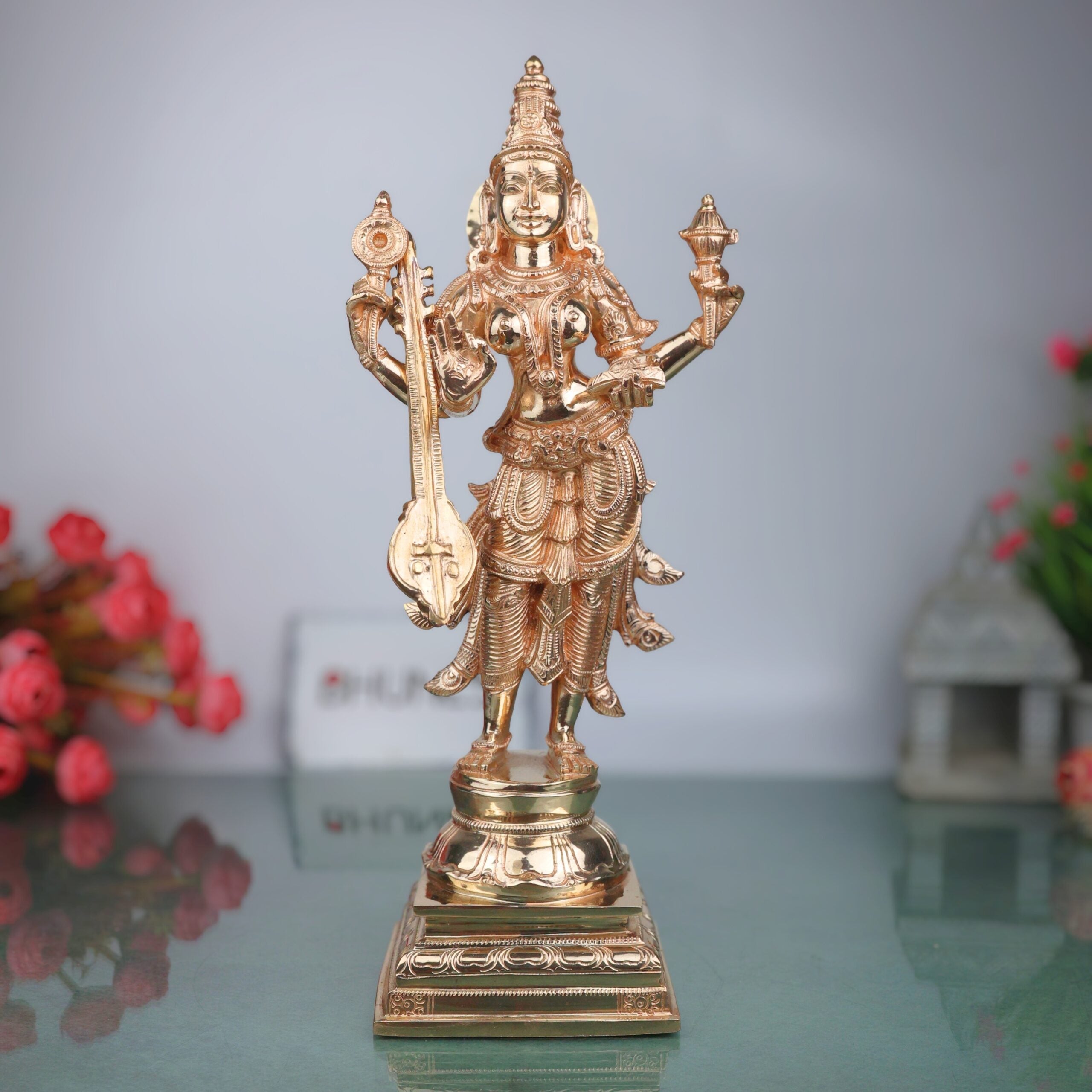 Handcrafted Bronze Saraswati Sharada Vagdevi Idol, Veena Vadini Vidya Devi Chola Art Sculpture for Home Temple Pooja, Gold, 15 Inch, 1 Piece
