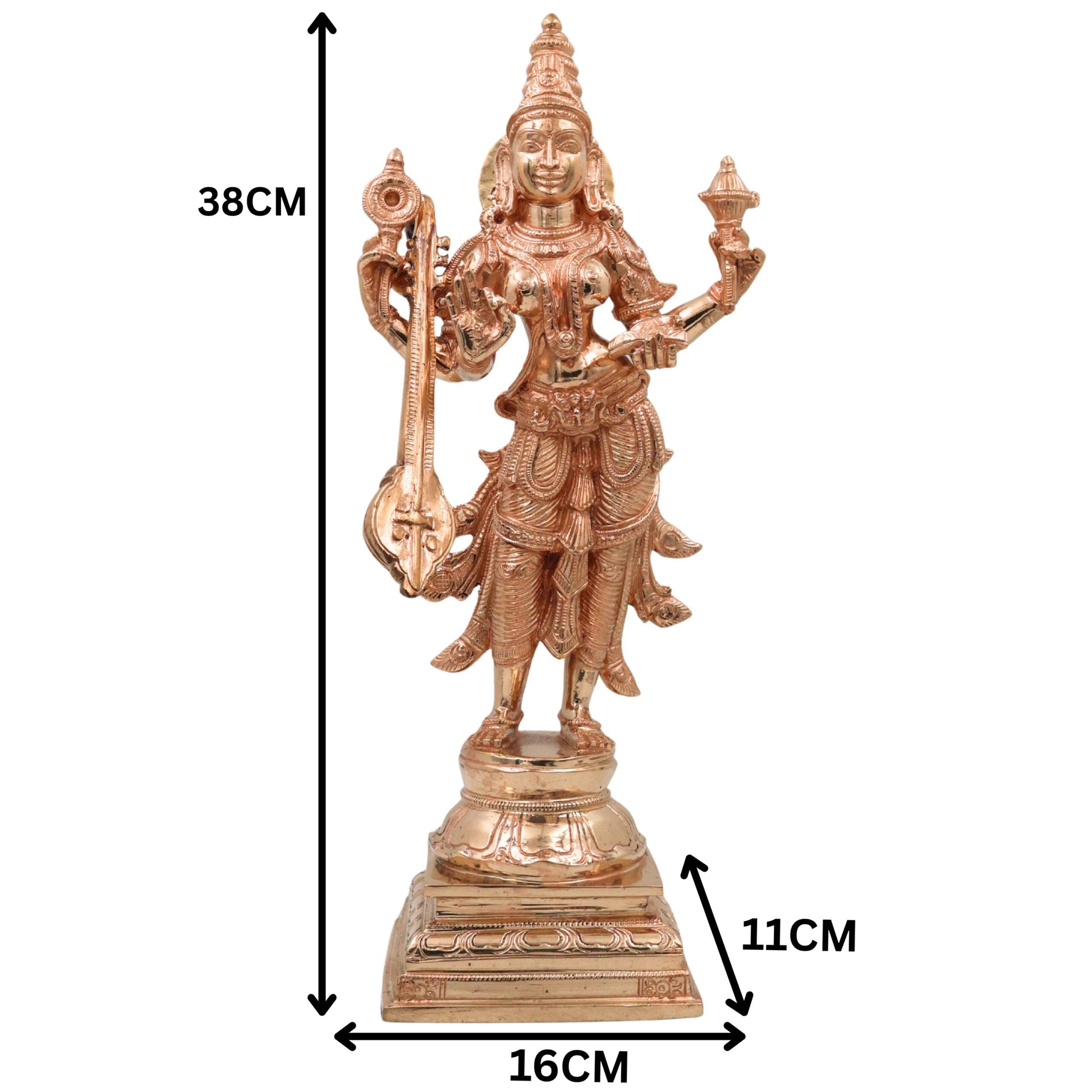 Handcrafted Bronze Saraswati Sharada Vagdevi Idol, Veena Vadini Vidya Devi Chola Art Sculpture for Home Temple Pooja, Gold, 15 Inch, 1 Piece