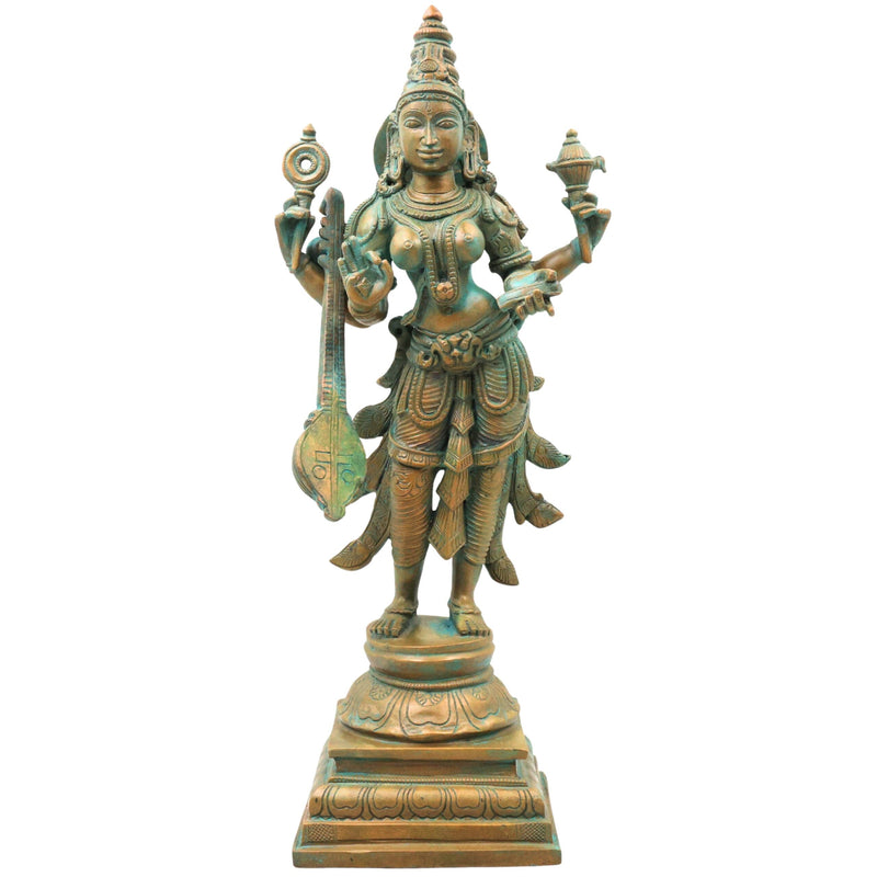 Bronze Saraswati Idol, Saraswathi Sharada Vagdevi Bharati Vidya Devi Veena Vadini Murti, Brown, 15 Inch, 1 Piece