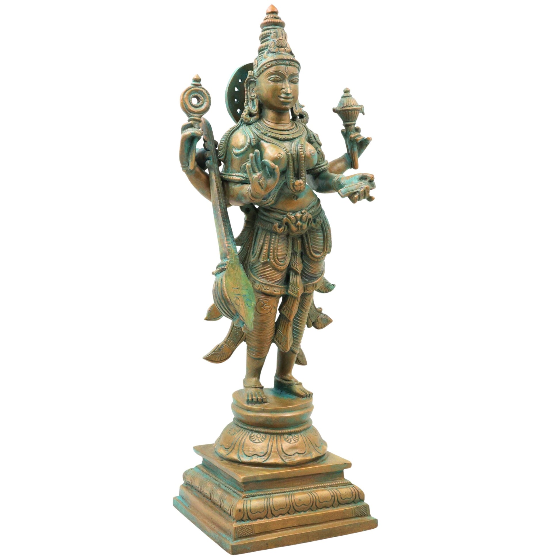 Bronze Saraswati Idol, Saraswathi Sharada Vagdevi Bharati Vidya Devi Veena Vadini Murti, Brown, 15 Inch, 1 Piece