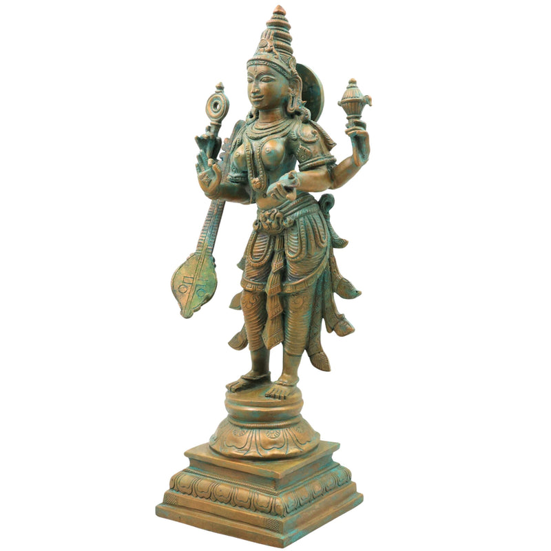 Bronze Saraswati Idol, Saraswathi Sharada Vagdevi Bharati Vidya Devi Veena Vadini Murti, Brown, 15 Inch, 1 Piece