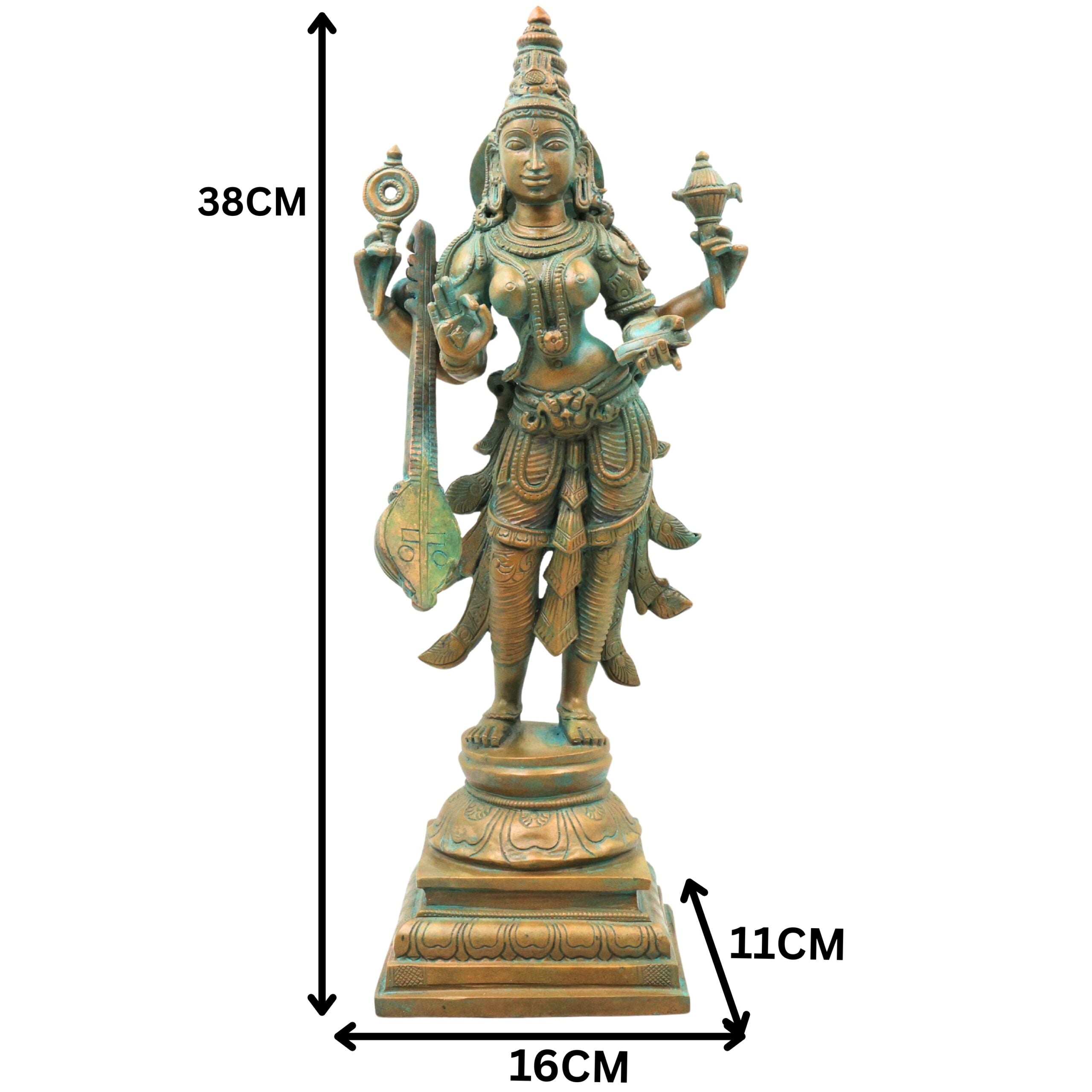 Bronze Saraswati Idol, Saraswathi Sharada Vagdevi Bharati Vidya Devi Veena Vadini Murti, Brown, 15 Inch, 1 Piece