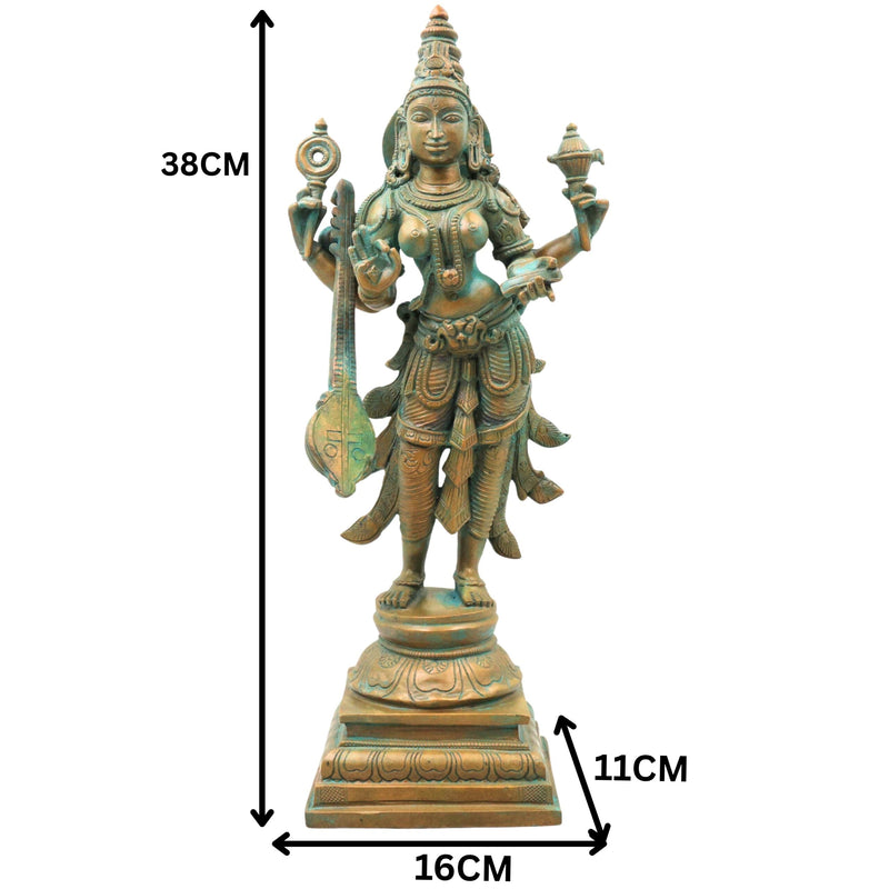 Bronze Saraswati Idol, Saraswathi Sharada Vagdevi Bharati Vidya Devi Veena Vadini Murti, Brown, 15 Inch, 1 Piece