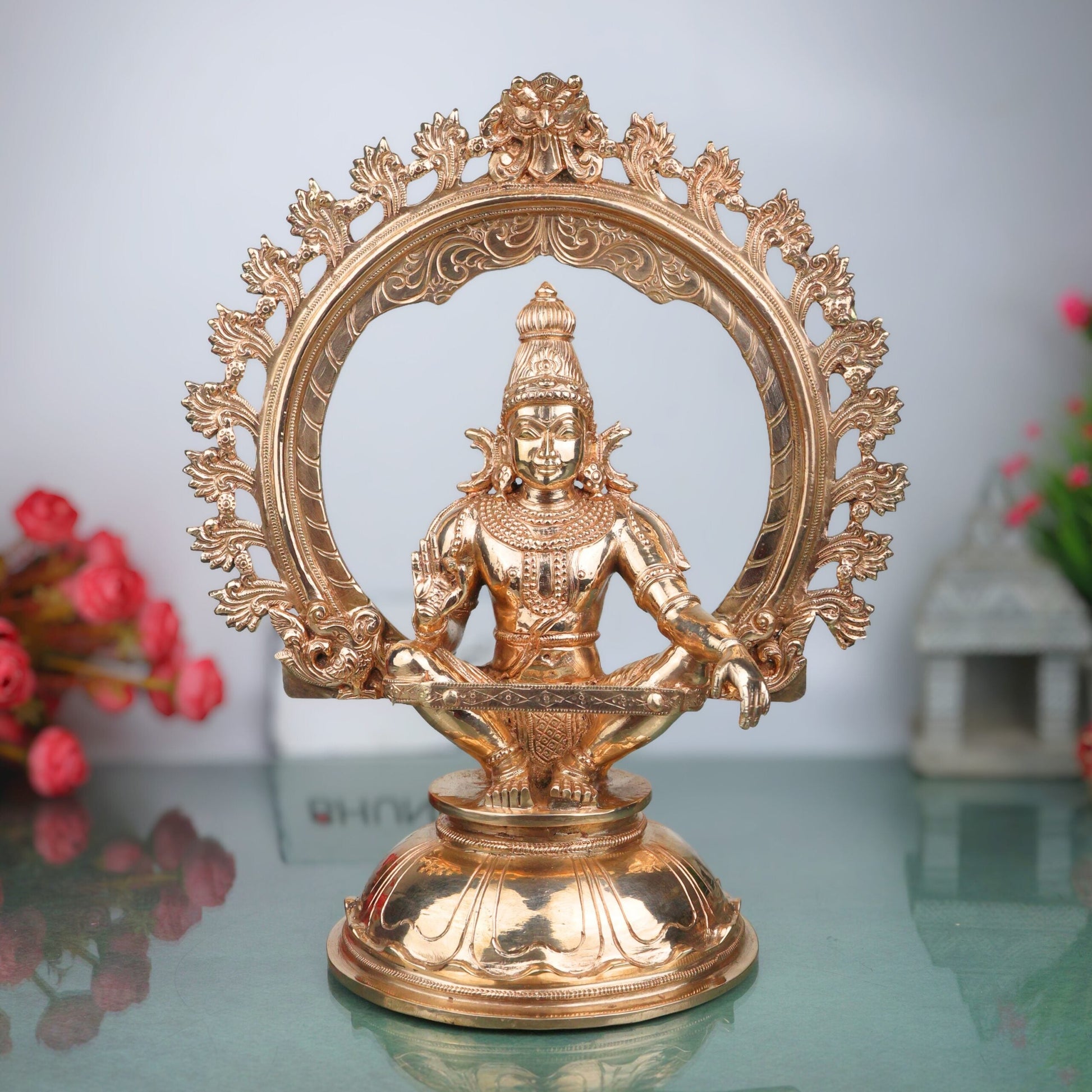 Handcrafted Bronze Ayyappa Idol, Swami Ayyappa Manikandan Dharma Sastha Sabarimala Vigraham, Gold, 14 Inch, 1 Piece