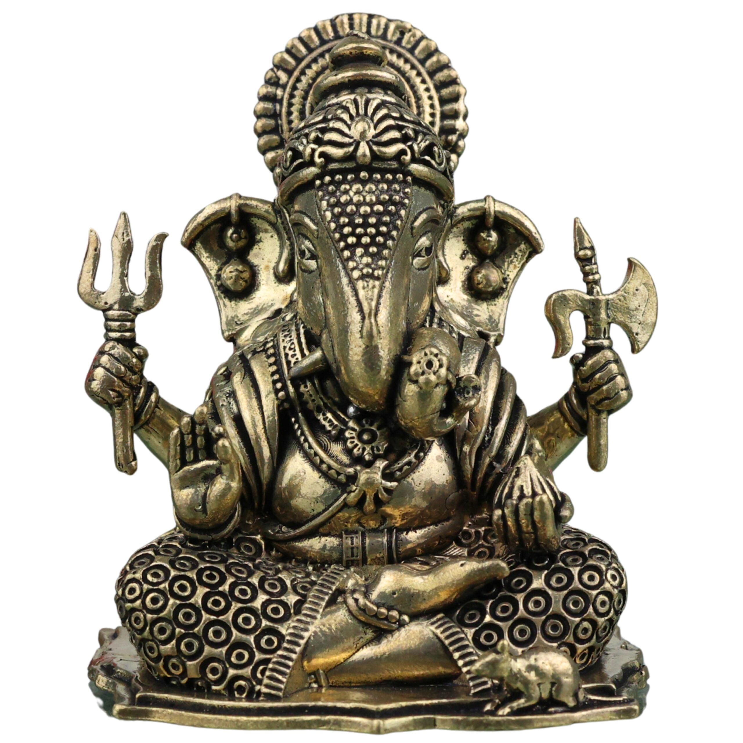 Brass Ganesha Idol, Ganapati Vinayaka Siddhivinayaka Murti for Home Pooja Decor Gift, Gold, 2.5 Inch, 1 Piece