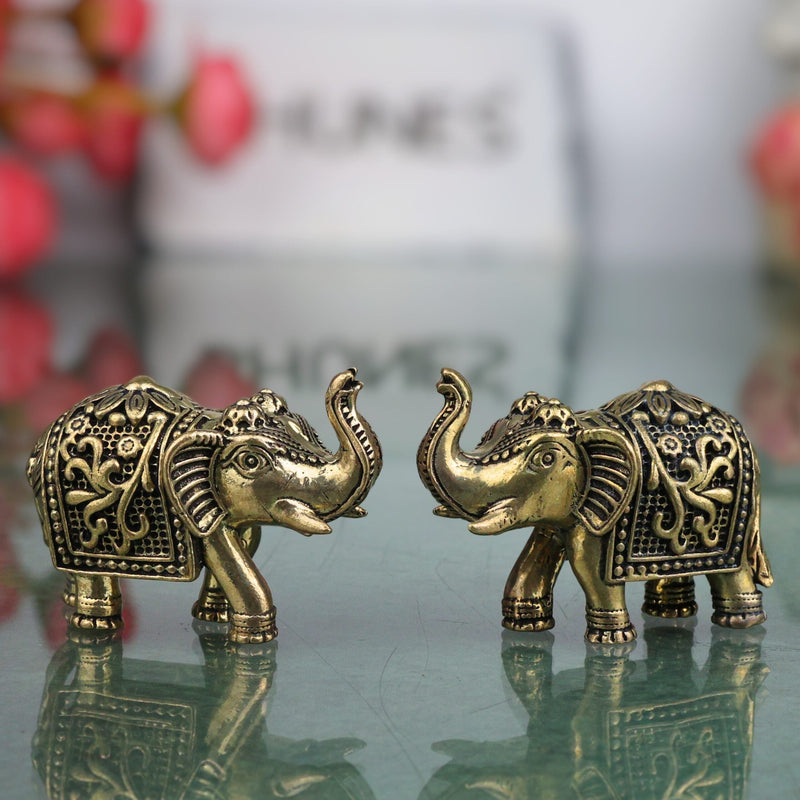 Brass Elephant Pair, Gaj Hathi Yanai Aanai Peetal Pittal Mini Idol for Pooja Vastu Decor, Gold, 1 Inch, 2 Piece