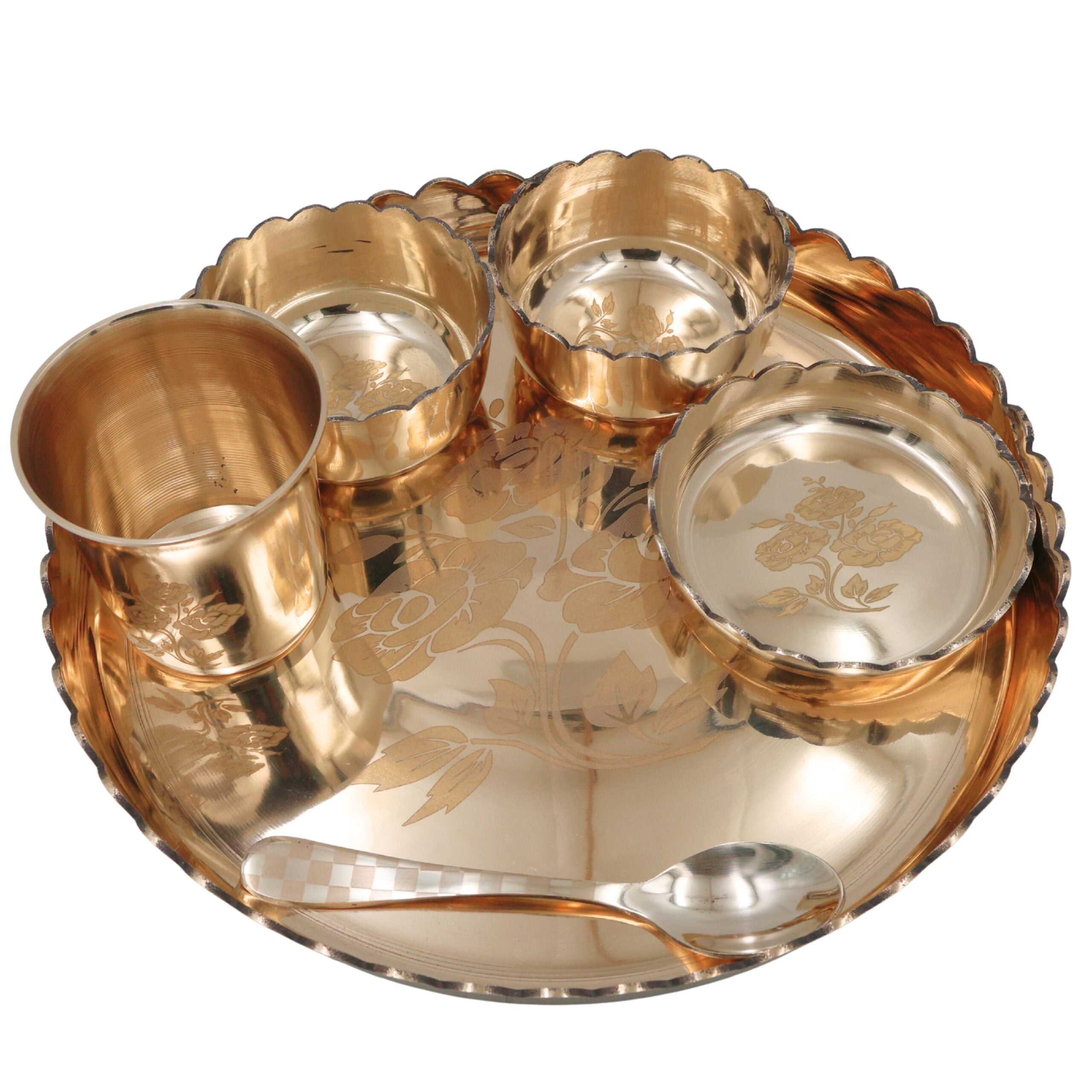 Bronze Kansa Dinner Set, Handcrafted Traditional Kansya Bhojan Thali Panchaloha Pancha Dhatu Dining Ware for Ayurvedic & Ritual Meals, Gold, 11.42 Inch, 6 Pieces Complete Dinner Set