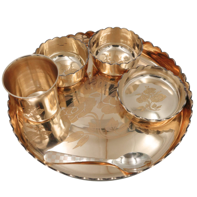 Bronze Kansa Dinner Set, Handcrafted Traditional Kansya Bhojan Thali Panchaloha Pancha Dhatu Dining Ware for Ayurvedic & Ritual Meals, Gold, 11.42 Inch, 6 Pieces Complete Dinner Set