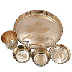Bronze Kansa Dinner Set, Handcrafted Traditional Kansya Bhojan Thali Panchaloha Pancha Dhatu Dining Ware for Ayurvedic & Ritual Meals, Gold, 11.42 Inch, 6 Pieces Complete Dinner Set