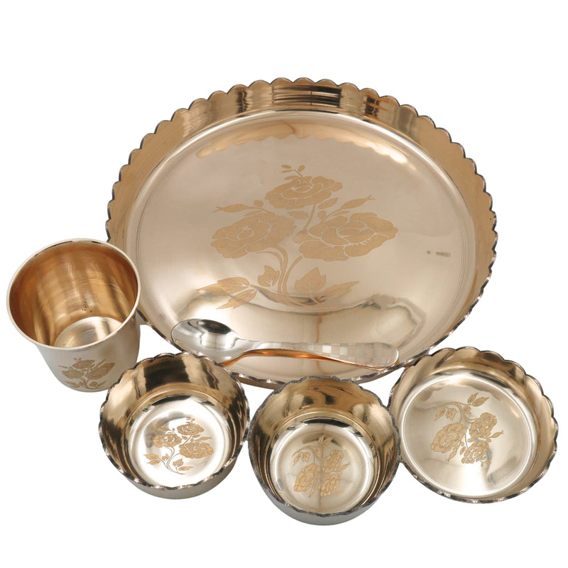 Bronze Kansa Dinner Set, Handcrafted Traditional Kansya Bhojan Thali Panchaloha Pancha Dhatu Dining Ware for Ayurvedic & Ritual Meals, Gold, 11.42 Inch, 6 Pieces Complete Dinner Set