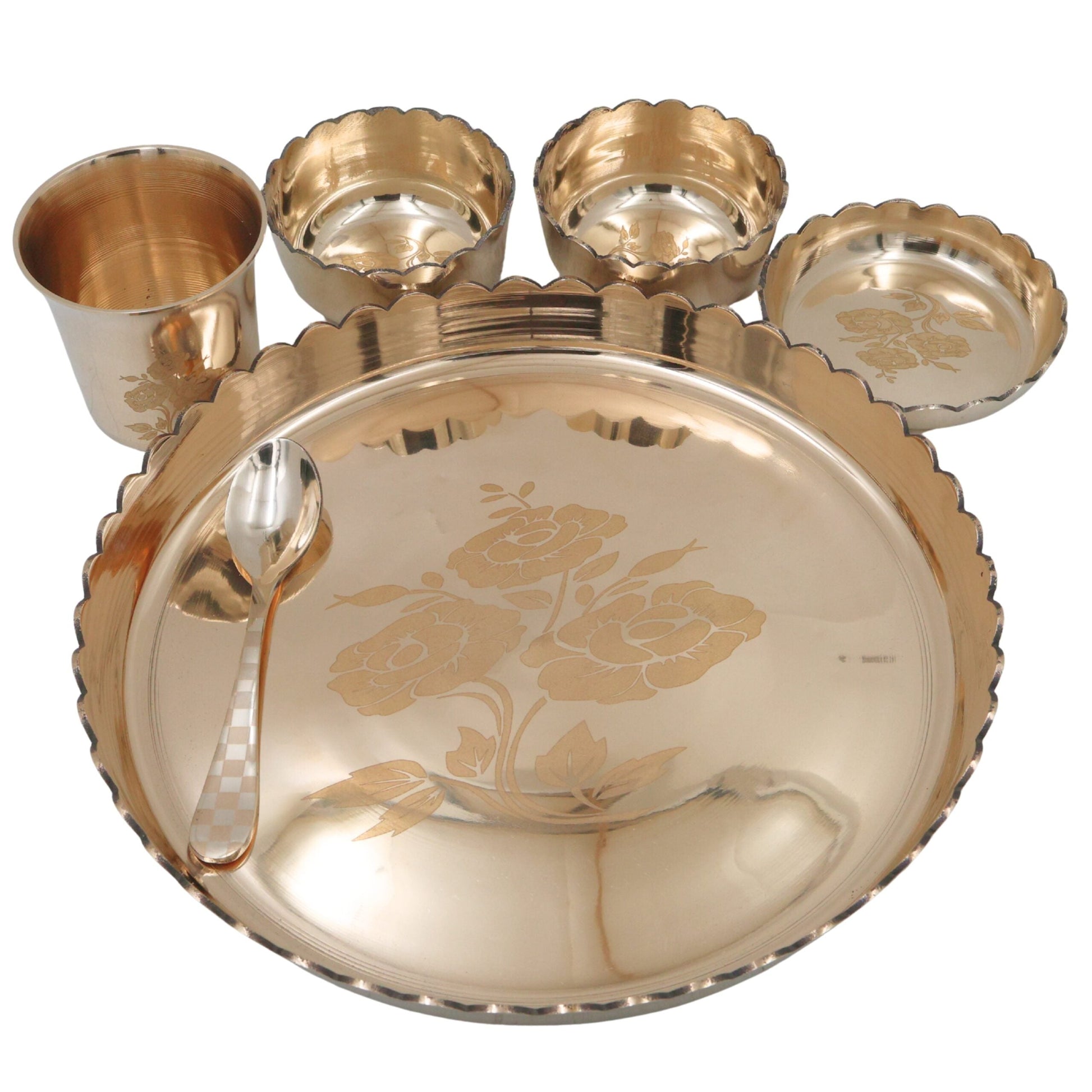 Bronze Kansa Dinner Set, Handcrafted Traditional Kansya Bhojan Thali Panchaloha Pancha Dhatu Dining Ware for Ayurvedic & Ritual Meals, Gold, 11.42 Inch, 6 Pieces Complete Dinner Set