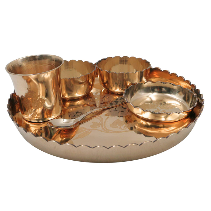 Bronze Kansa Dinner Set, Handcrafted Traditional Kansya Bhojan Thali Panchaloha Pancha Dhatu Dining Ware for Ayurvedic & Ritual Meals, Gold, 11.42 Inch, 6 Pieces Complete Dinner Set